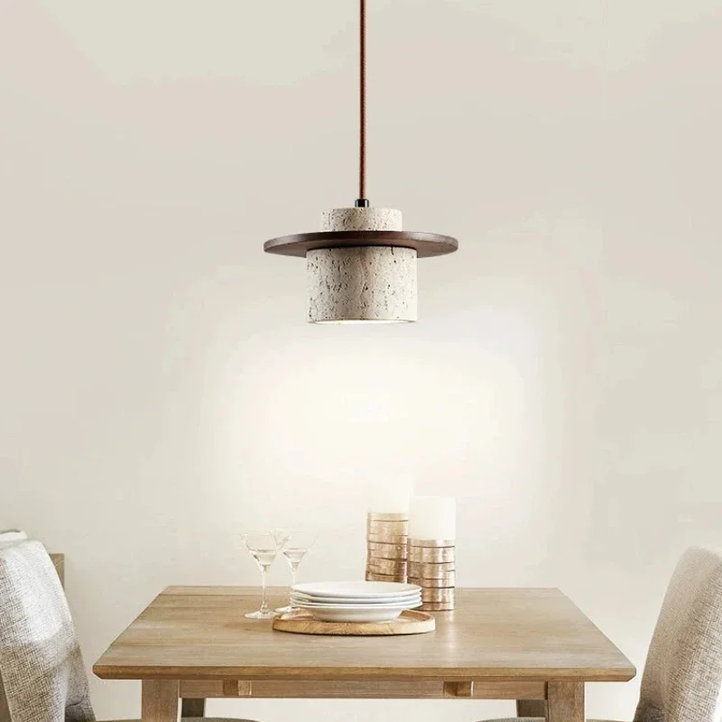 Kanso Stone and Wood Hanging Light over Wabi Sabi Dining Table