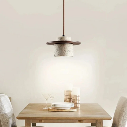 Kanso Stone and Wood Hanging Light over Wabi Sabi Dining Table