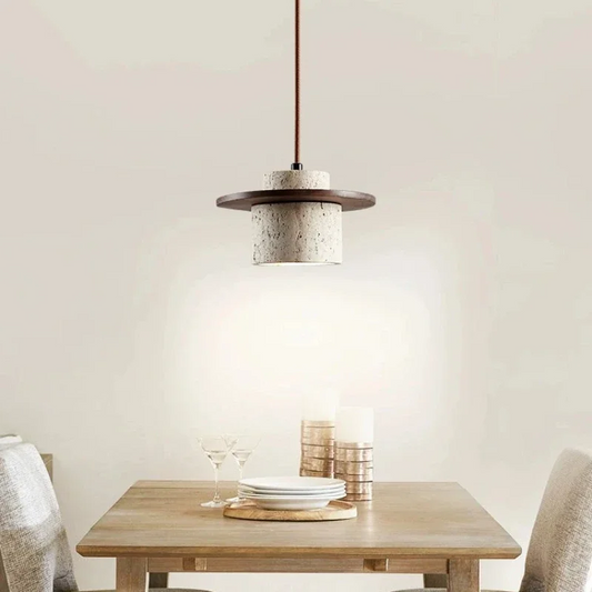 Kanso Stone and Wood Hanging Light over Wabi Sabi Dining Table