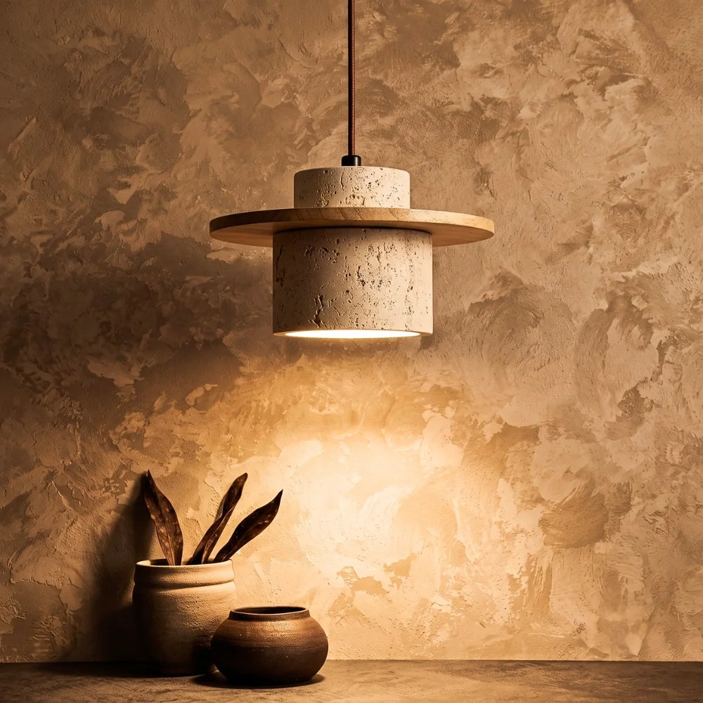 Kanso Wabi Sabi Travertine Stone and Wood Pendant Light