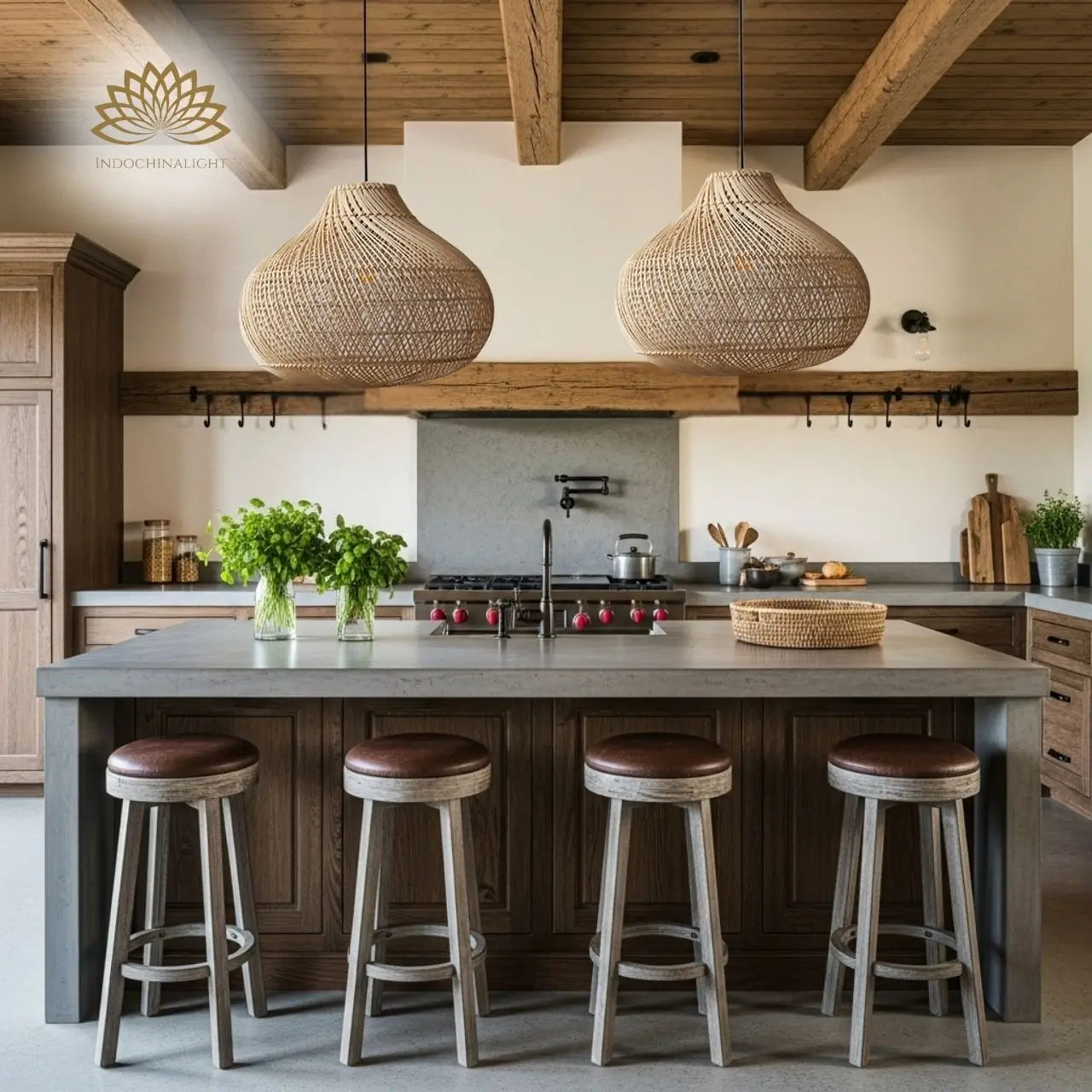 Karjear Rattan Pendant Light 16 Inch over Rustic Kitchen Island