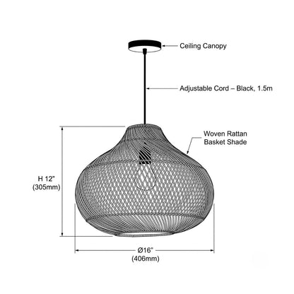Karjearl Rattan Pendant Light – Front View, Ø16" x H12"