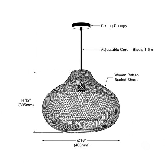 Karjearl Rattan Pendant Light – Front View, Ø16" x H12"