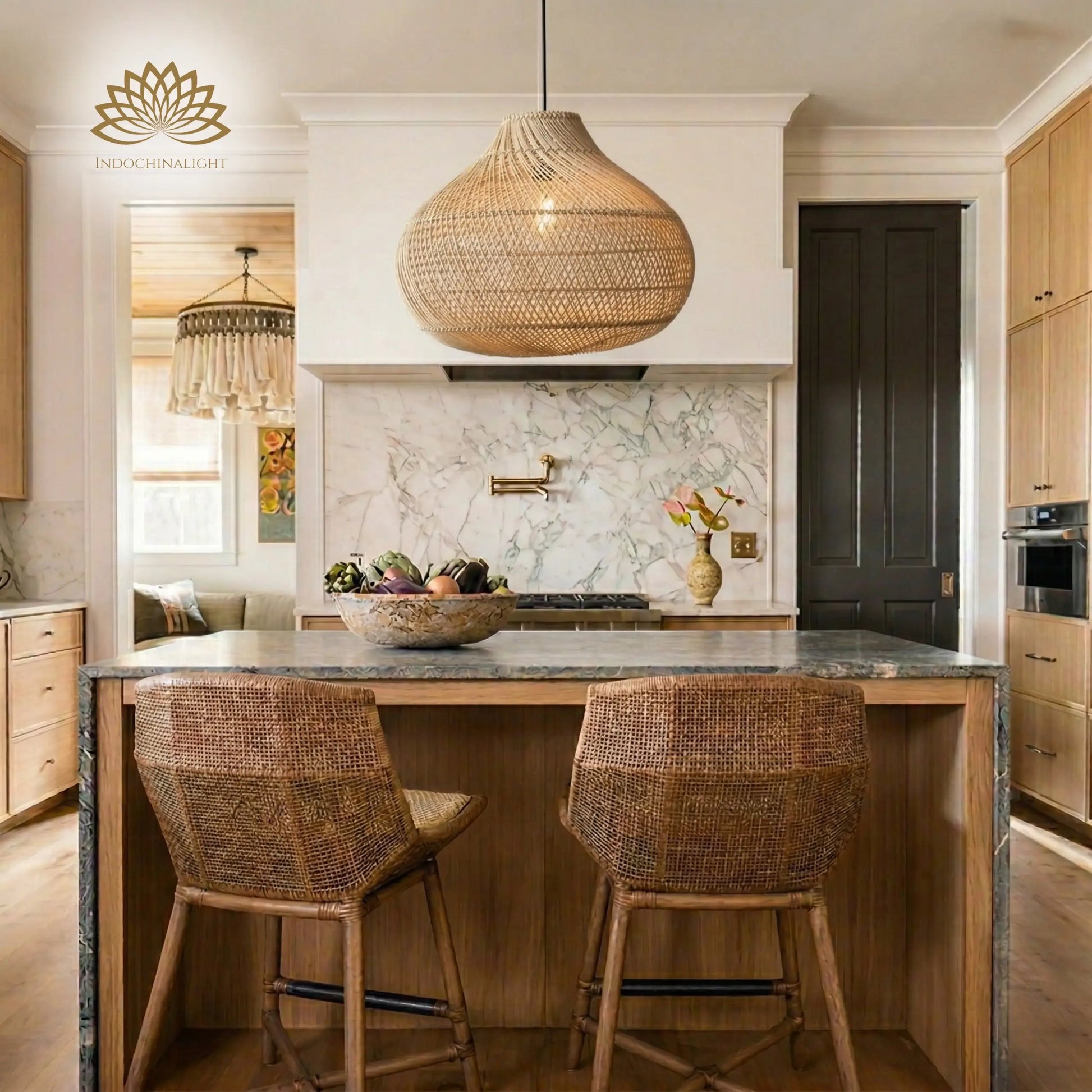 Karjearl Rattan Pendant Light over Modern Farmhouse Island Table