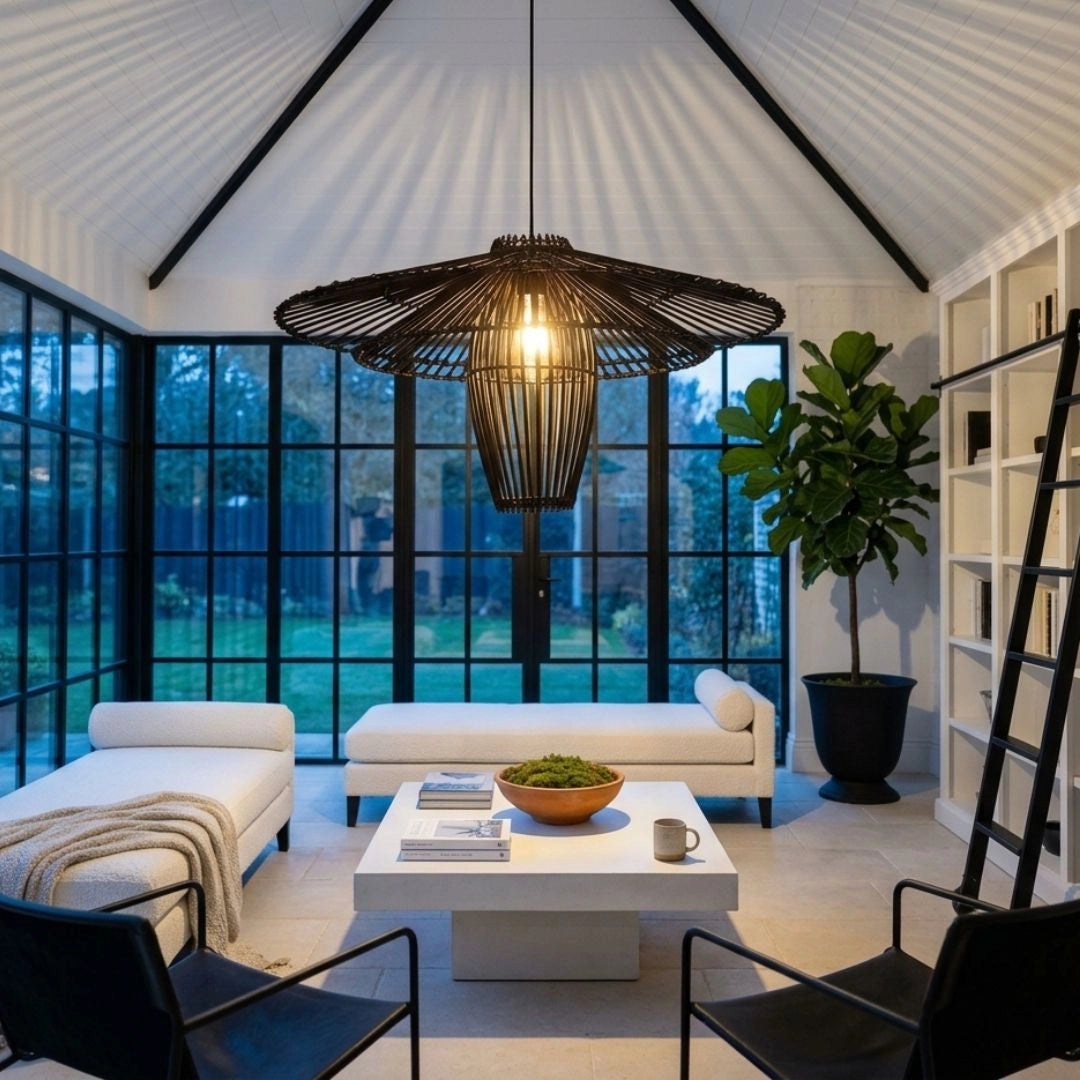 Kasa Large Black Rattan Pendant Light 24 Inches Living Room