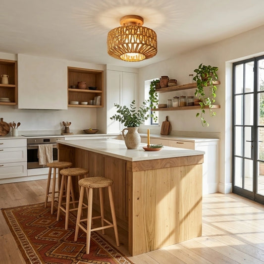 Kenmi Boho Small Rattan Drum Ceiling Light Semi Flush Mount in Boho Kitchen Island