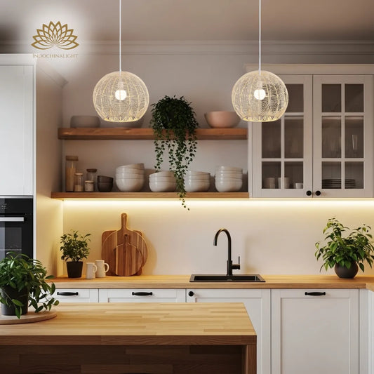Klahn Rattan Pendant Lights hanging over kitchen