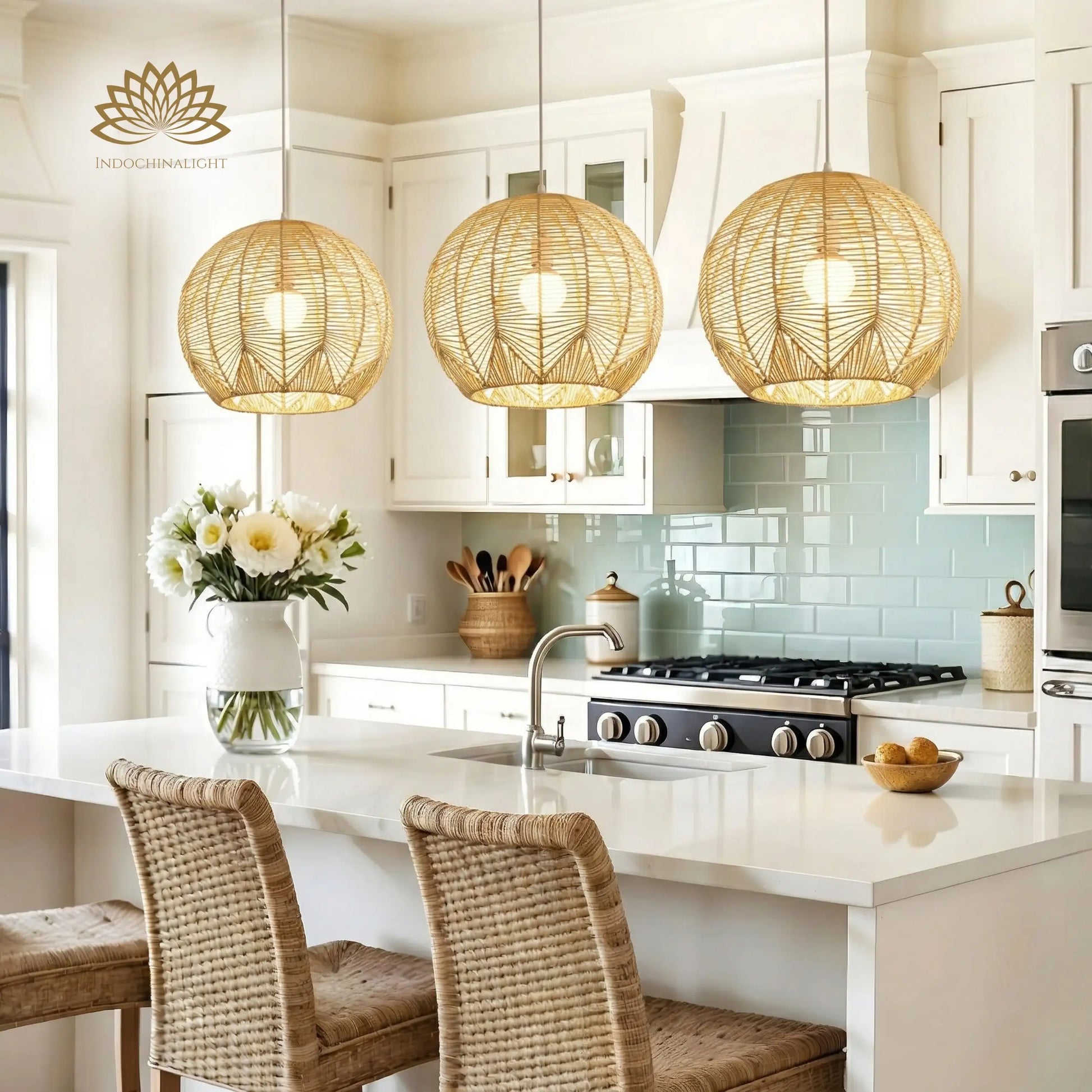 Klahn Small Rattan Pendant Lights above Boho Kitchen Island