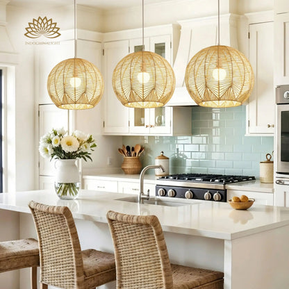 Klahn Small Rattan Pendant Lights above Boho Kitchen Island