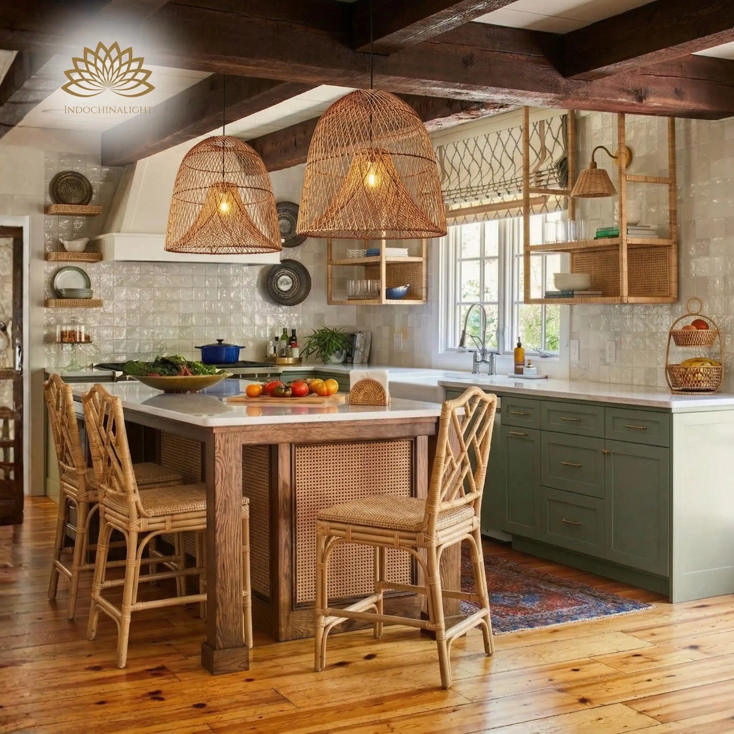 Kloe Woven Rattan Pendant Light over Farmhouse Kitchen Island