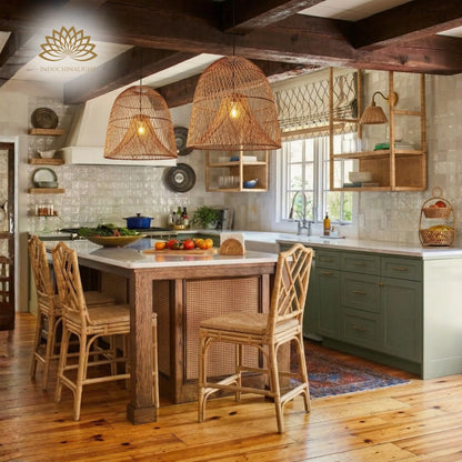 Kloe Woven Rattan Pendant Light over Farmhouse Kitchen Island
