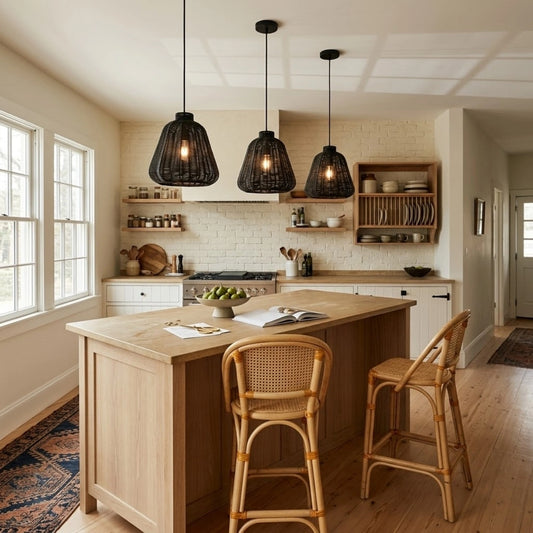 Kmart Black Wicker Rattan Pendant Light in Boho Kitchen Island