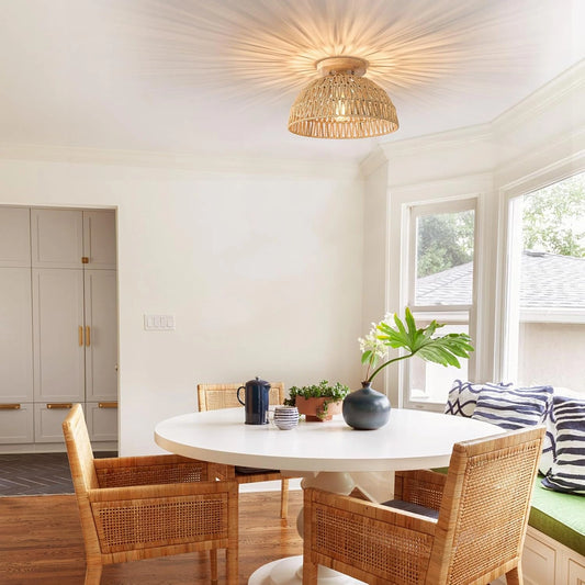Kojanyu Rattan Woven Dome Ceiling Light above Boho Dining Table
