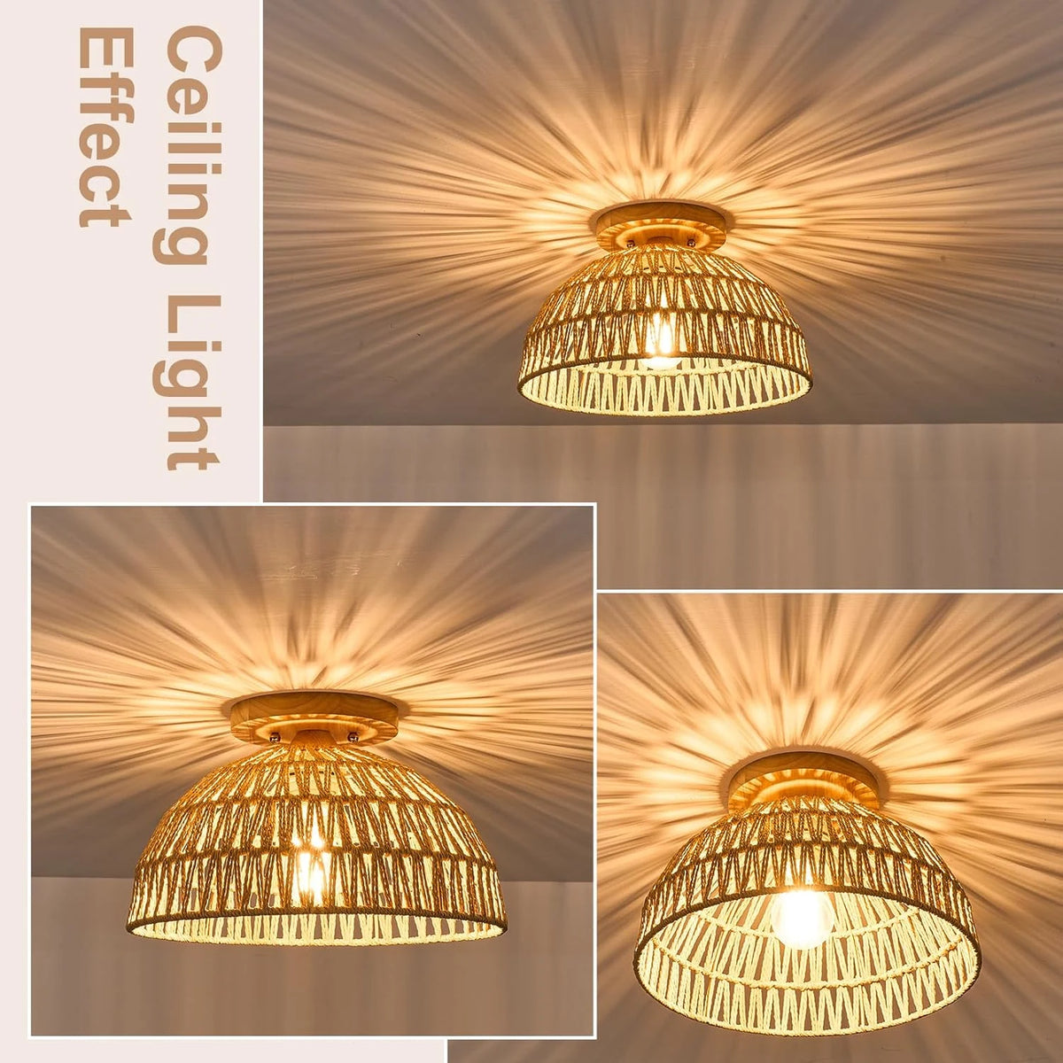 Kojanyu Rattan Woven Dome Ceiling Light Effect
