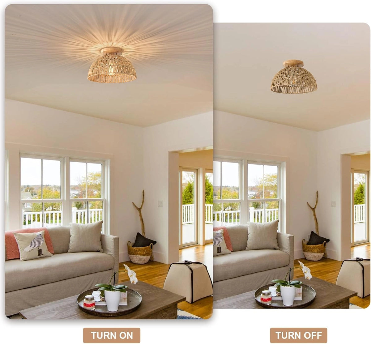 Kojanyu Rattan Woven Dome Ceiling Light when Turn On and Turn Off