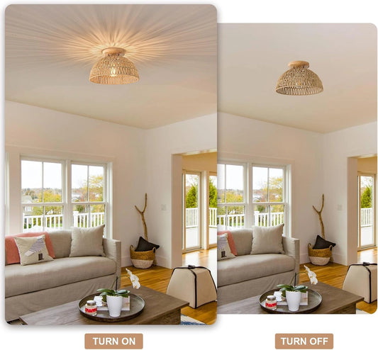 Kojanyu Rattan Woven Dome Ceiling Light when Turn On and Turn Off