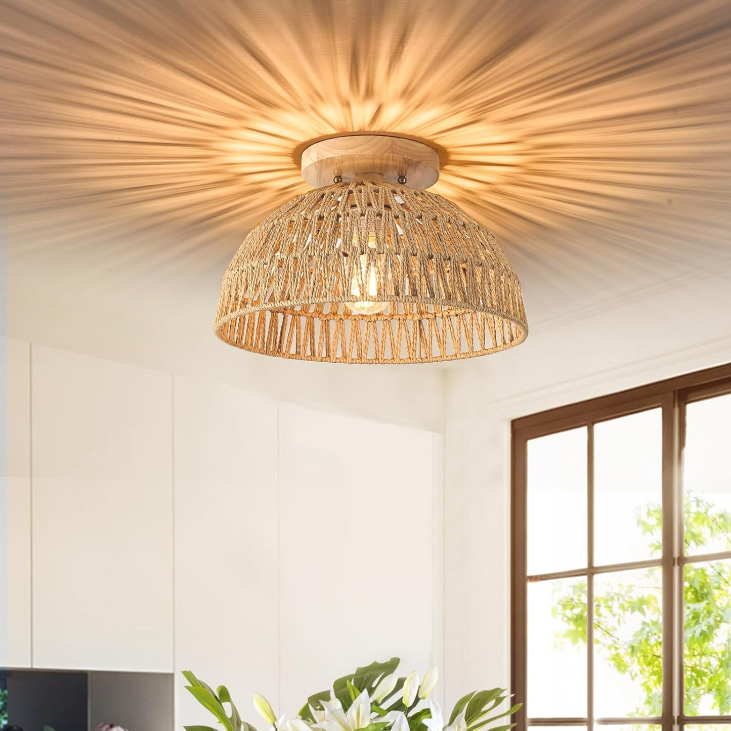 Kojanyu Woven Dome Rattan Ceiling Light Effect