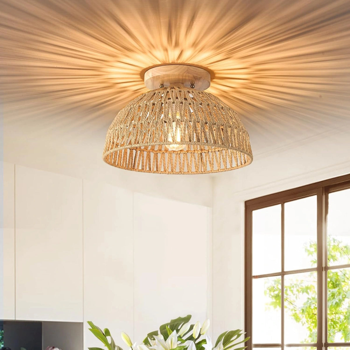 Kojanyu Woven Dome Rattan Ceiling Light Effect