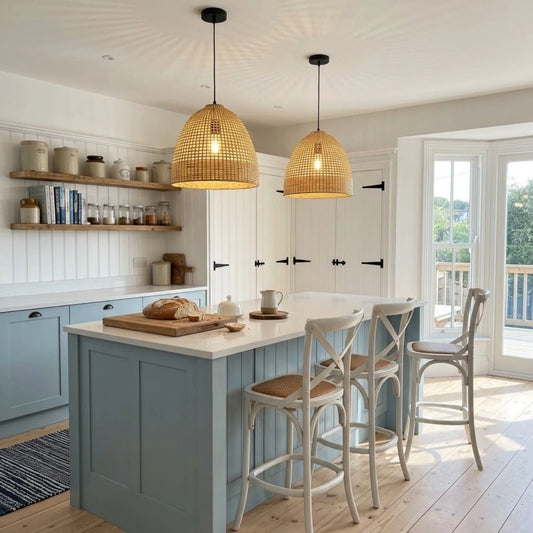 Kojanyu Woven Dome Rattan Ceiling Light in Coastal Kitchen Island