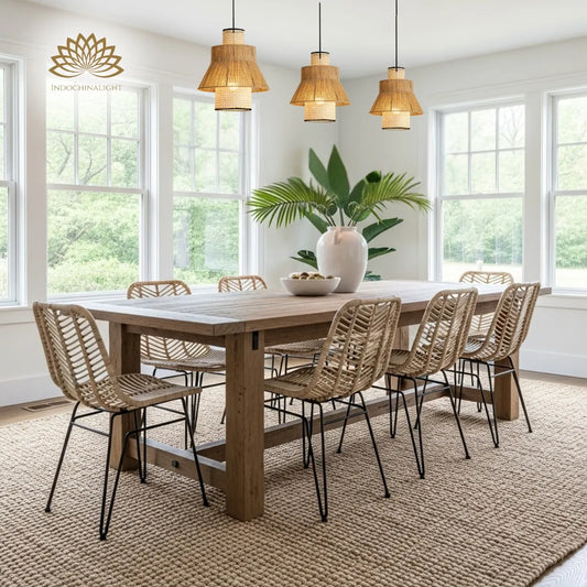 laika double tiered small rattan pendant light fixtures hanging over dining table