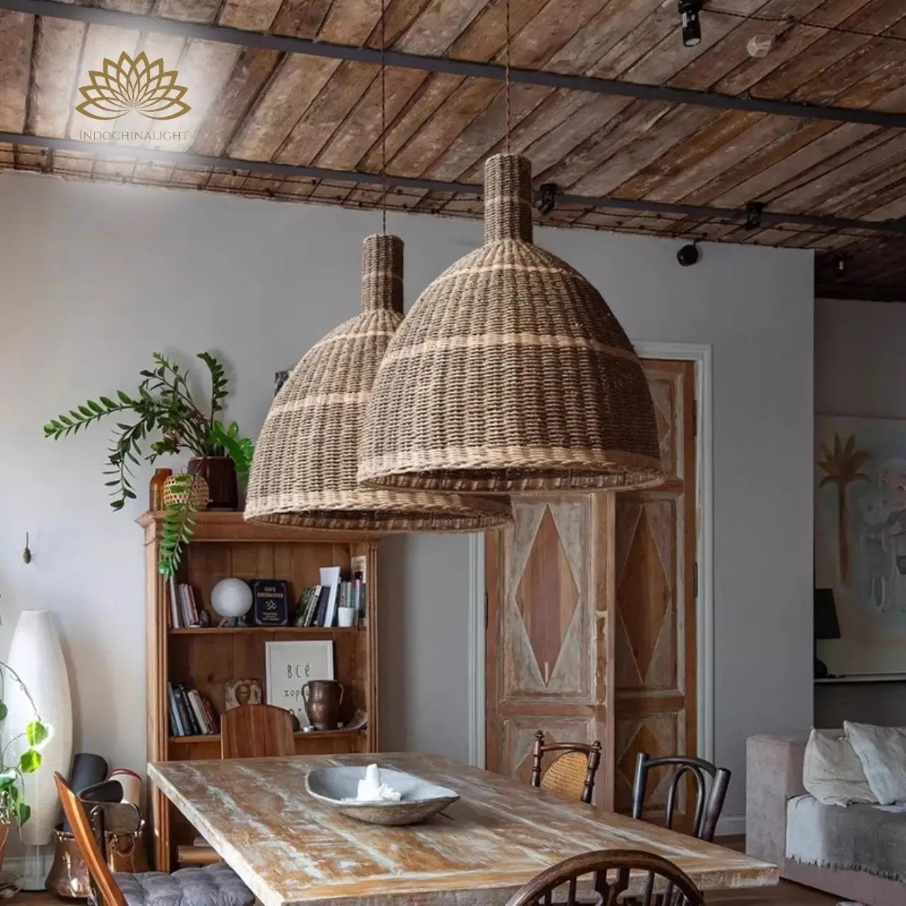 Lana Large Rattan Bell Wicker Pendant Light over Rustic Dining Room