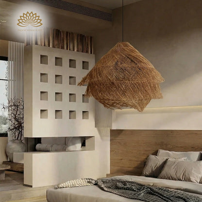 Large Ashburn Fringe Rattan Pendant Light in Wabi Sabi Bedroom