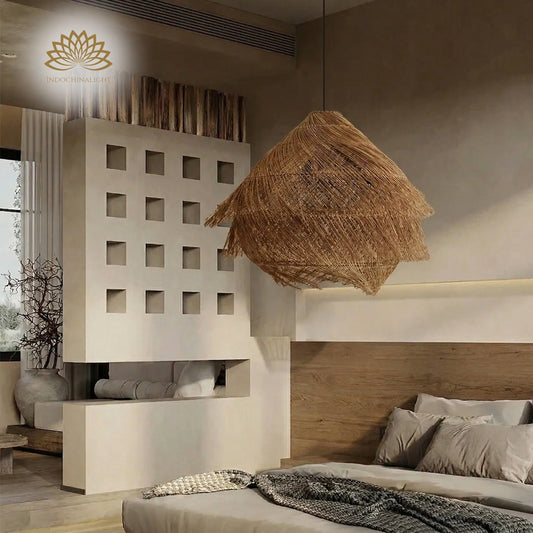 Large Ashburn Fringe Rattan Pendant Light in Wabi Sabi Bedroom