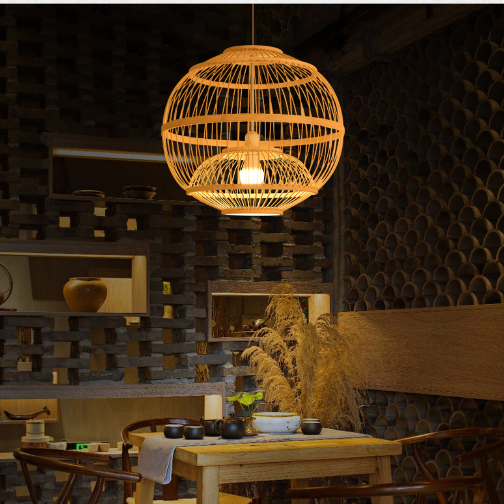 Lattice Round Bamboo hanging light shade in dining room