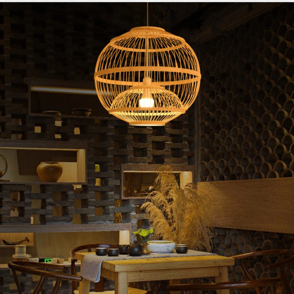 Lattice Round Bamboo hanging light shade in dining room