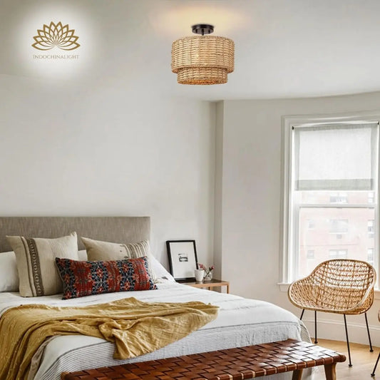 Lennie Wicker Double Drum Light in bedroom