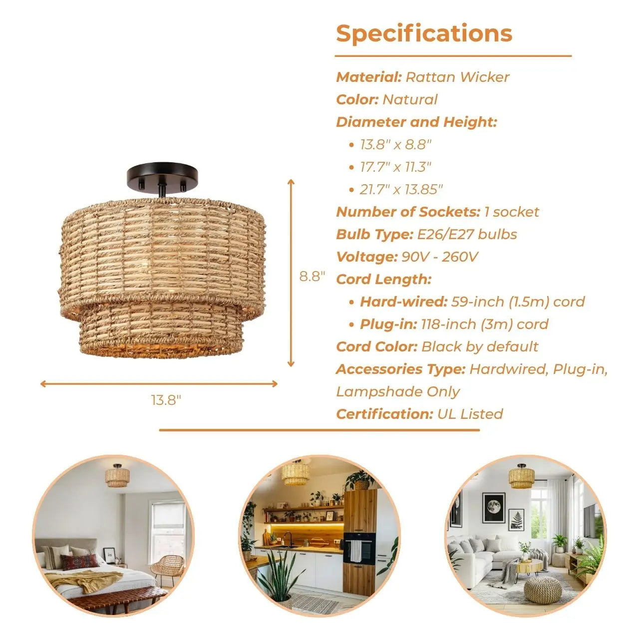 Lennie Wicker Semi Flush Mount Ceiling Light's specifications