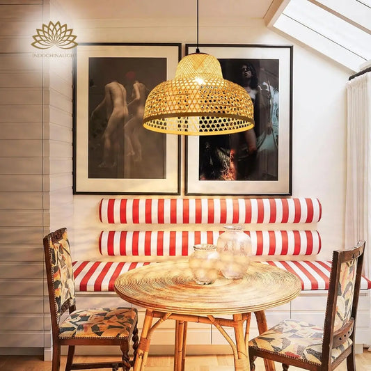 Lily Woven Dome Bamboo Pendant Lamp over dining table