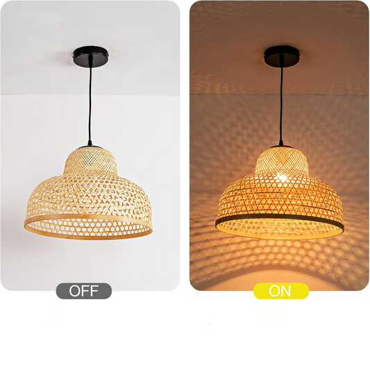 Lily Woven Dome Bamboo Hanging Light when Turn On and Turn Off