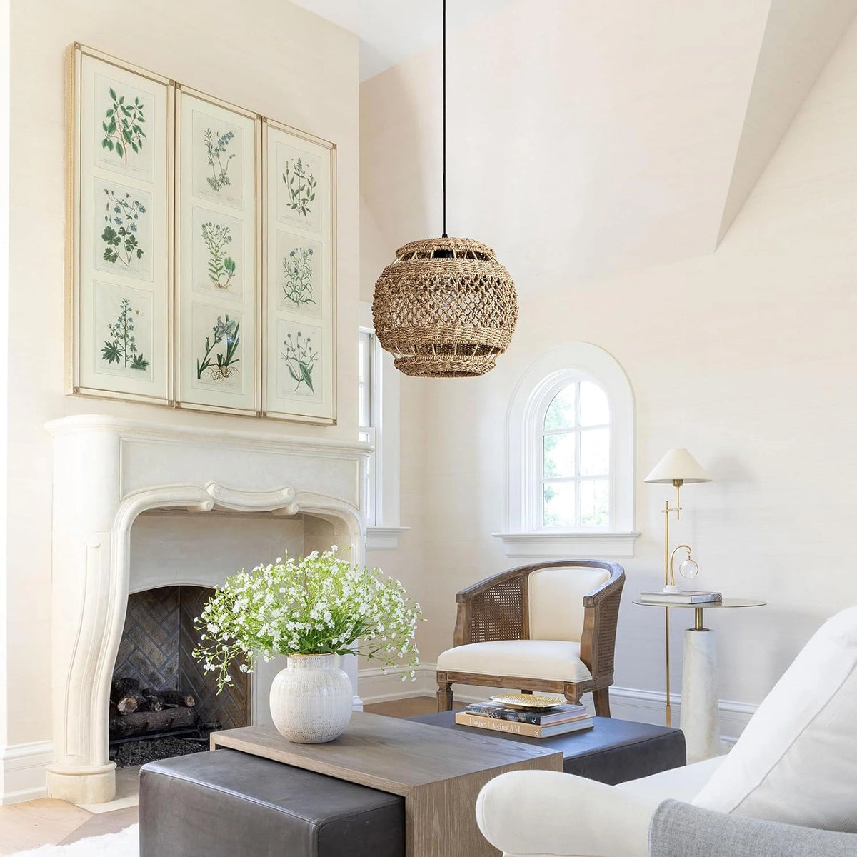 Lislibe Elegant Round Wicker Pendant Light hangs over white Living Room