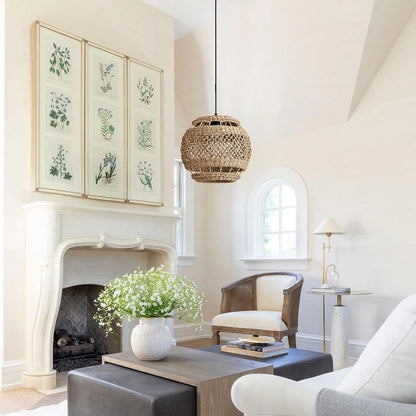 Lislibe Elegant Round Wicker Pendant Light hangs over white Living Room