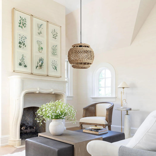 Lislibe Elegant Round Wicker Pendant Light hangs over white Living Room