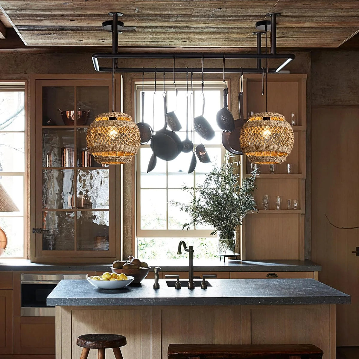 Lislibe Elegant Round Wicker Pendant Lights hang over Kitchen Island