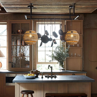 Lislibe Elegant Round Wicker Pendant Lights hang over Kitchen Island