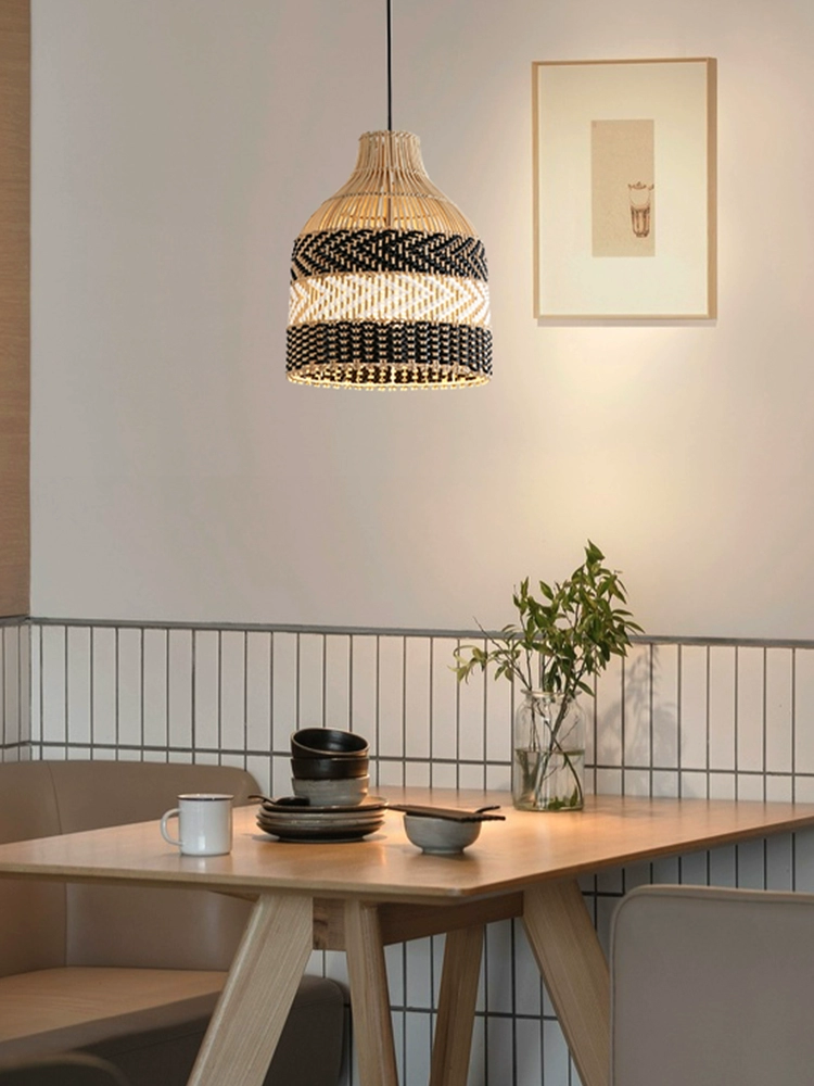 Littleglovo Small Black Basket Rattan Light in Japandi Dining Room