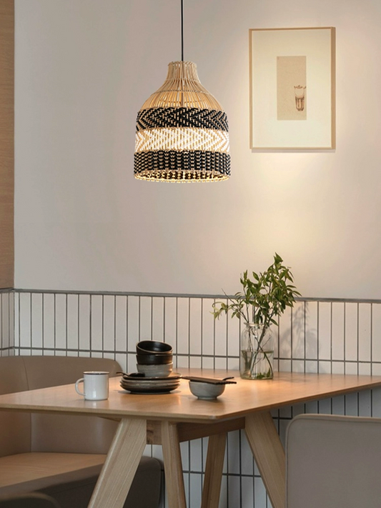 Littleglovo Small Black Basket Rattan Light in Japandi Dining Room
