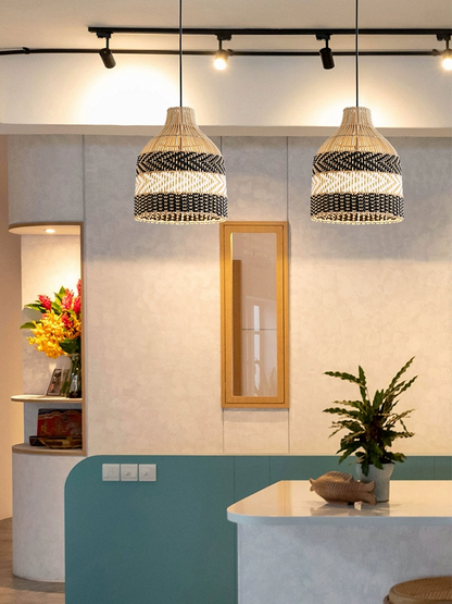 Littleglovo Small Black Rattan Basket Pendant Light for Modern Style Room