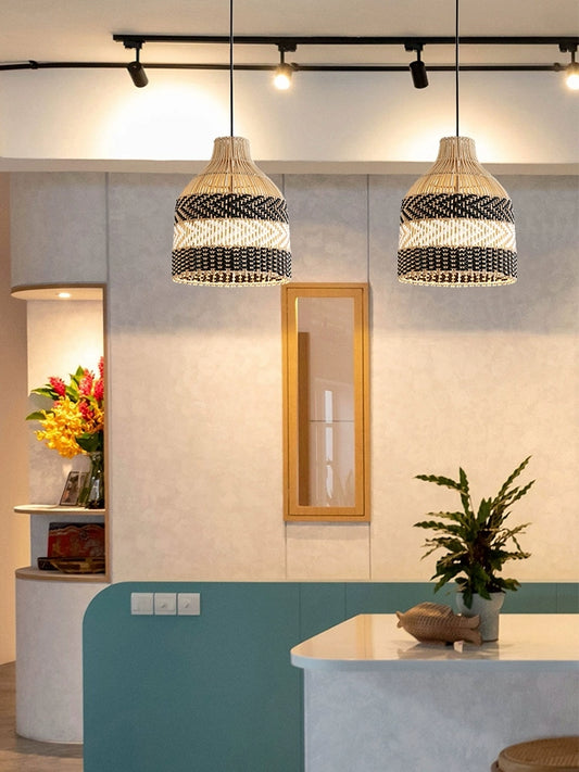 Littleglovo Small Black Rattan Basket Pendant Light for Modern Style Room