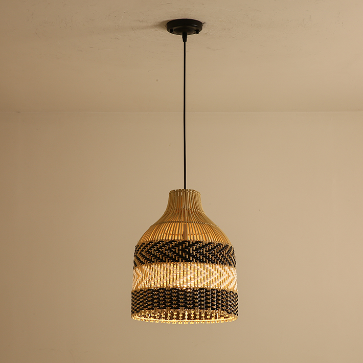 Littleglovo Small Black Rattan Pendant Light Basket when turn on