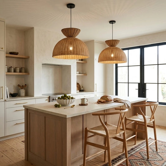 Liz Rattan Pendant Light in Boho Kitchen Island