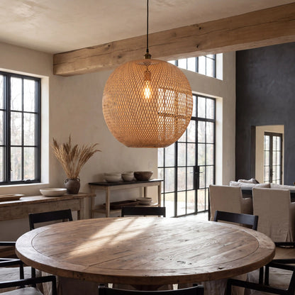 Lucy round bambo pendant light for wooden dining room