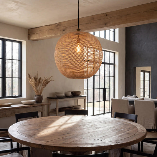 Lucy round bambo pendant light for wooden dining room