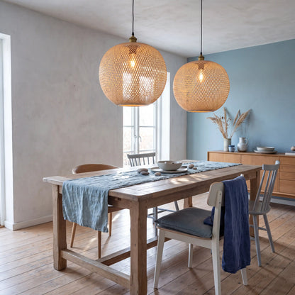Lucy round bamboo pendant light for coastal dining room