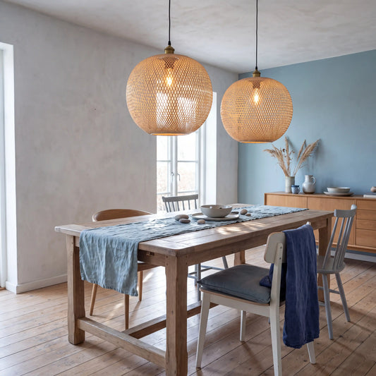 Lucy round bamboo pendant light for coastal dining room