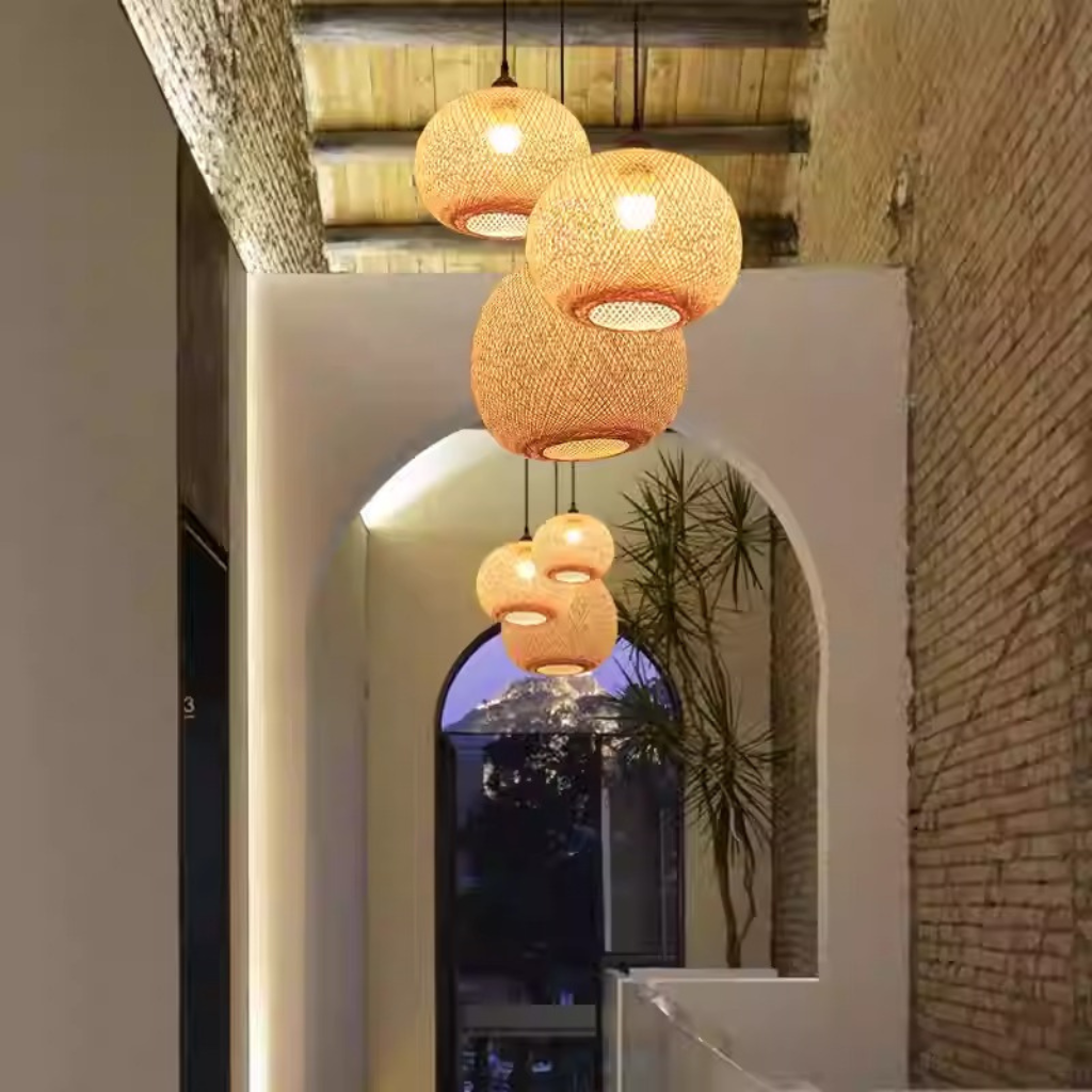 Lucy Round Bamboo Pendant Light in hallway
