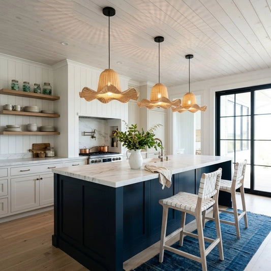 Luna Wicker Rattan Pendant Light in Coastal Kitchen Island